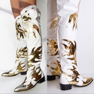 PLT White Patent Gold Flame Thigh High Western Boots